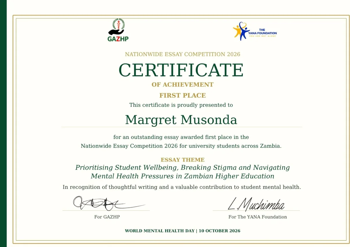 Certificate of Achievement, First Place, presented to Margret Musonda in the Nationwide Essay Competition 2026