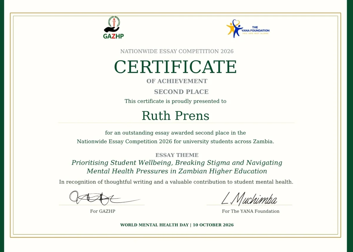 Certificate of Achievement, Second Place, presented to Ruth Prens in the Nationwide Essay Competition 2026