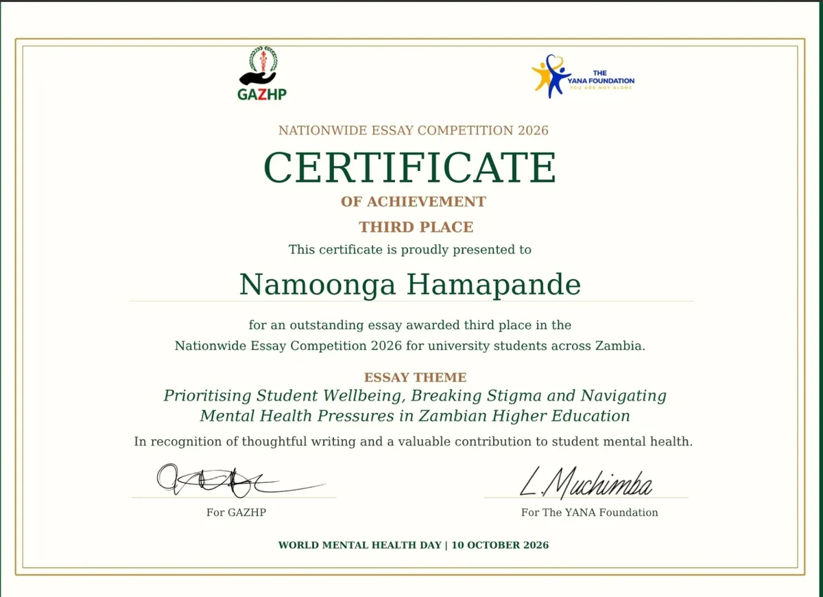Certificate of Achievement, Third Place, presented to Namoonga Hamapande in the Nationwide Essay Competition 2026