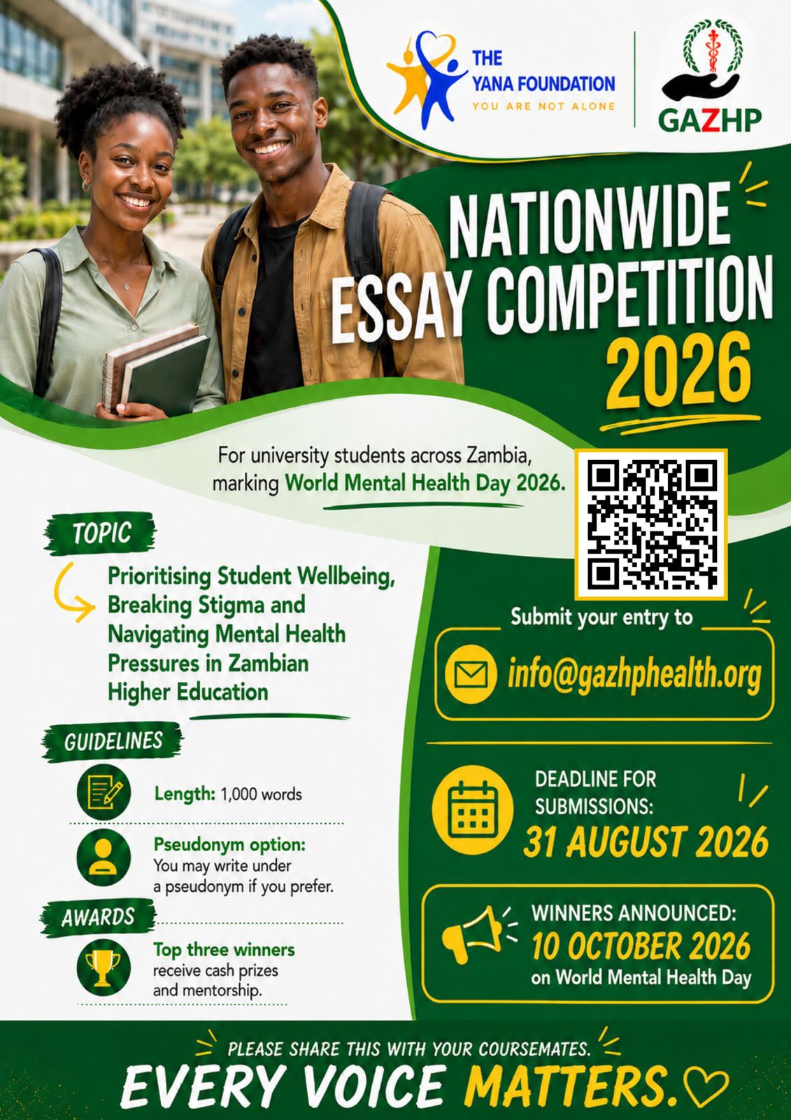 Nationwide Essay Competition 2026 flyer — GAZHP Health and The YANA Foundation